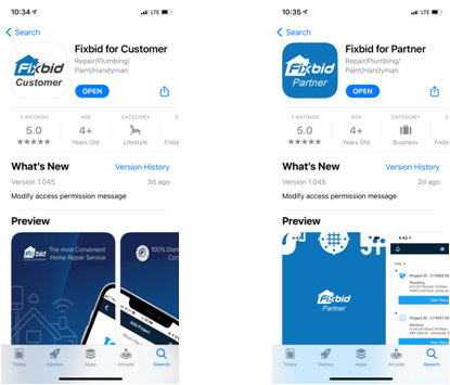 Fixbid for Customer and Fixbid for Partner apps on the App Store
